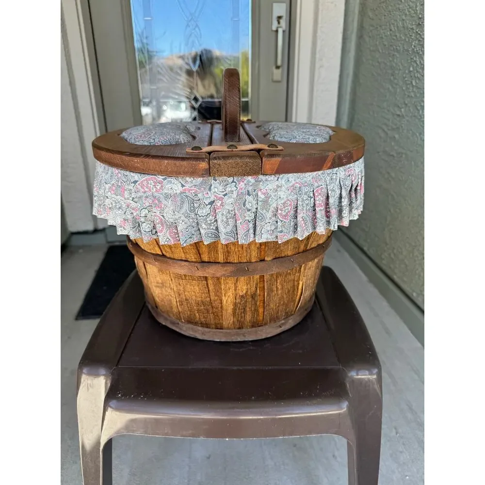 vintage crate bucket basket featuring heart-shaped handle split lid floral